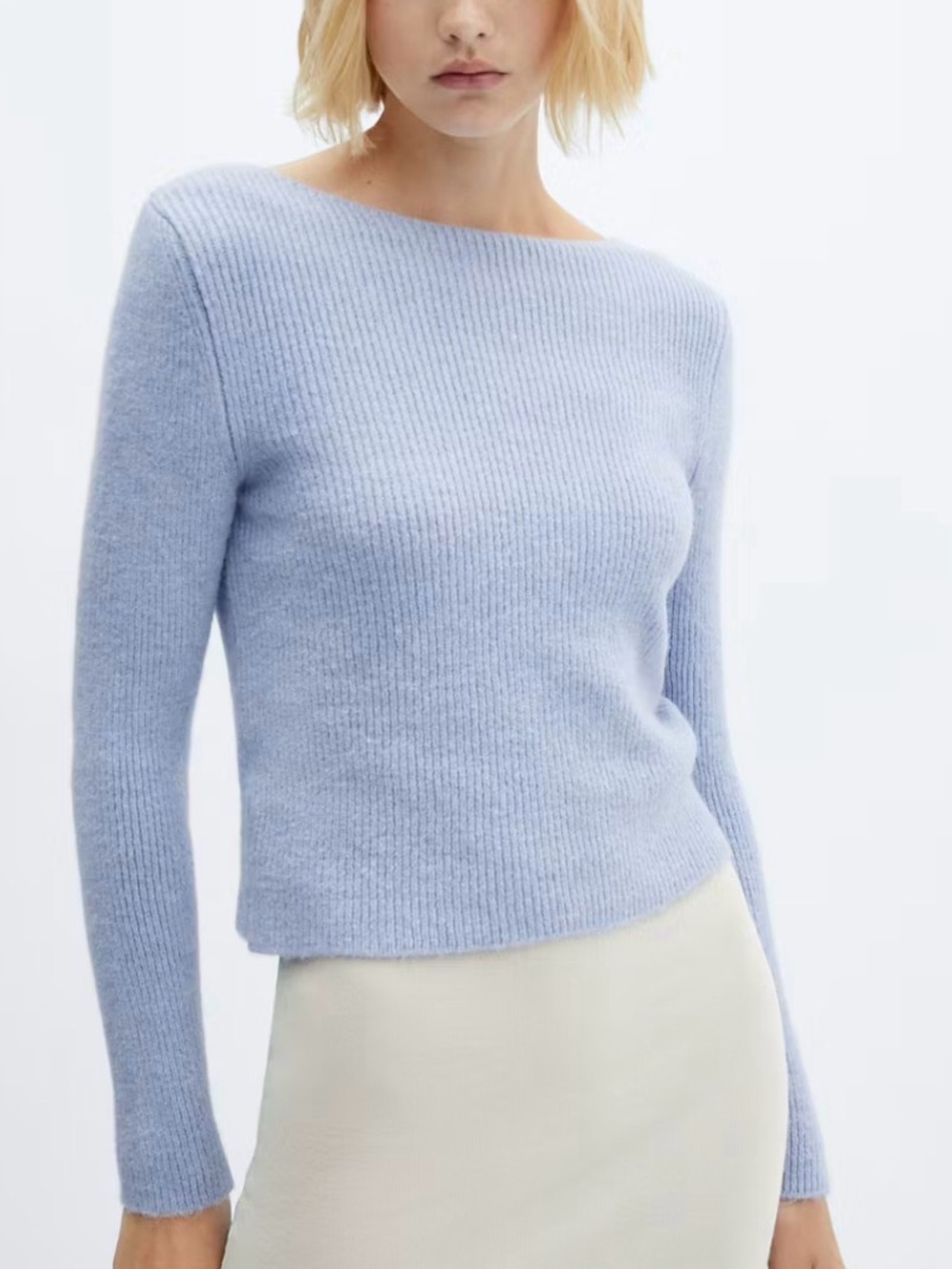 Mango Pale Blue Off-the-Shoulder Ribbed Sweater